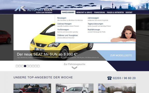 Responsive Webdesign Autoport Köln: Startseite mit Menü